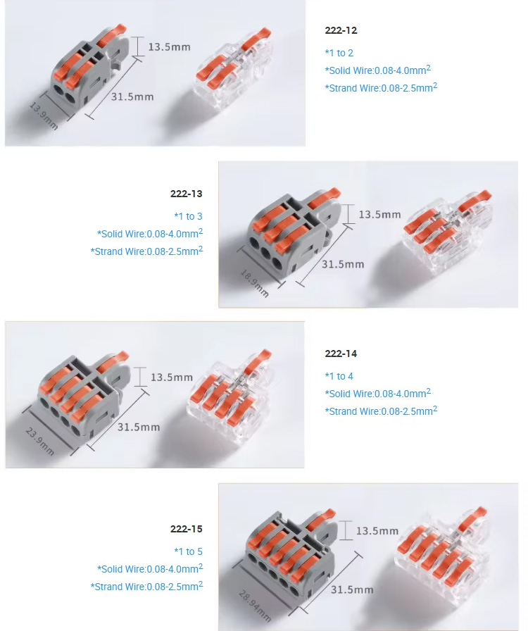 All models of 222-T have a height of 13.5 mm and a length of 31.5 mm, and are available in 1-to-2, 1-to-3, and 1-to-4 types.